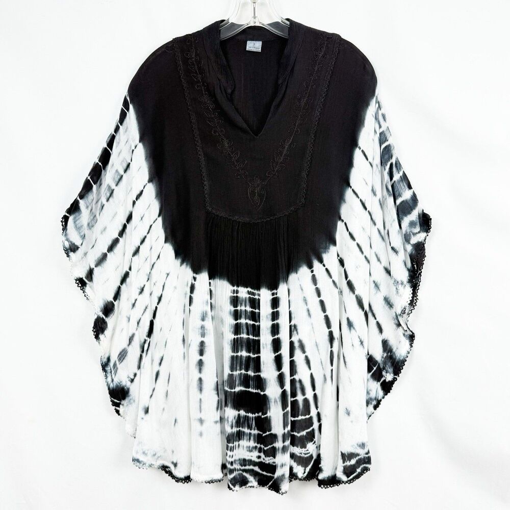 Vtg Black Batik Embroidered Bohemian Hippie Caftan Tunic Top OS - Picture 3 of 15